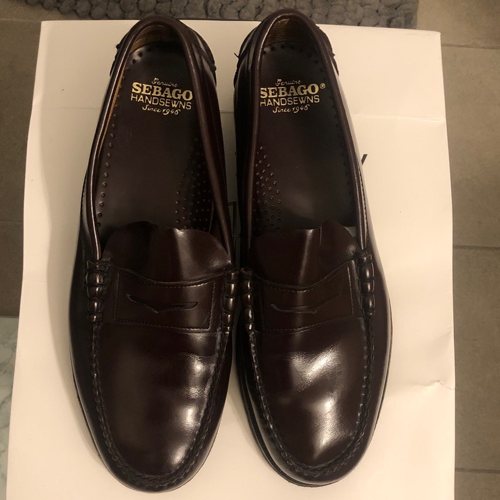 Sebago Dk Brn/Burgundy-ish Leath Handsewn Loafers Sz ‘11 E’ Excllnt used cond